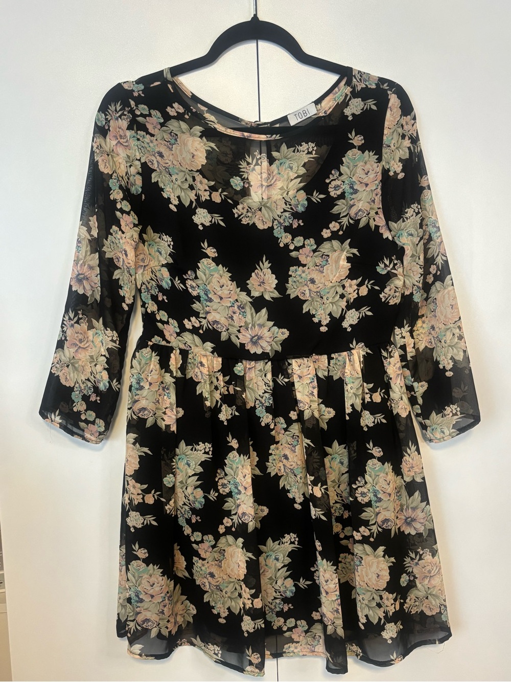 Tobi Black Floral Mesh Dress with Pastel Blooms